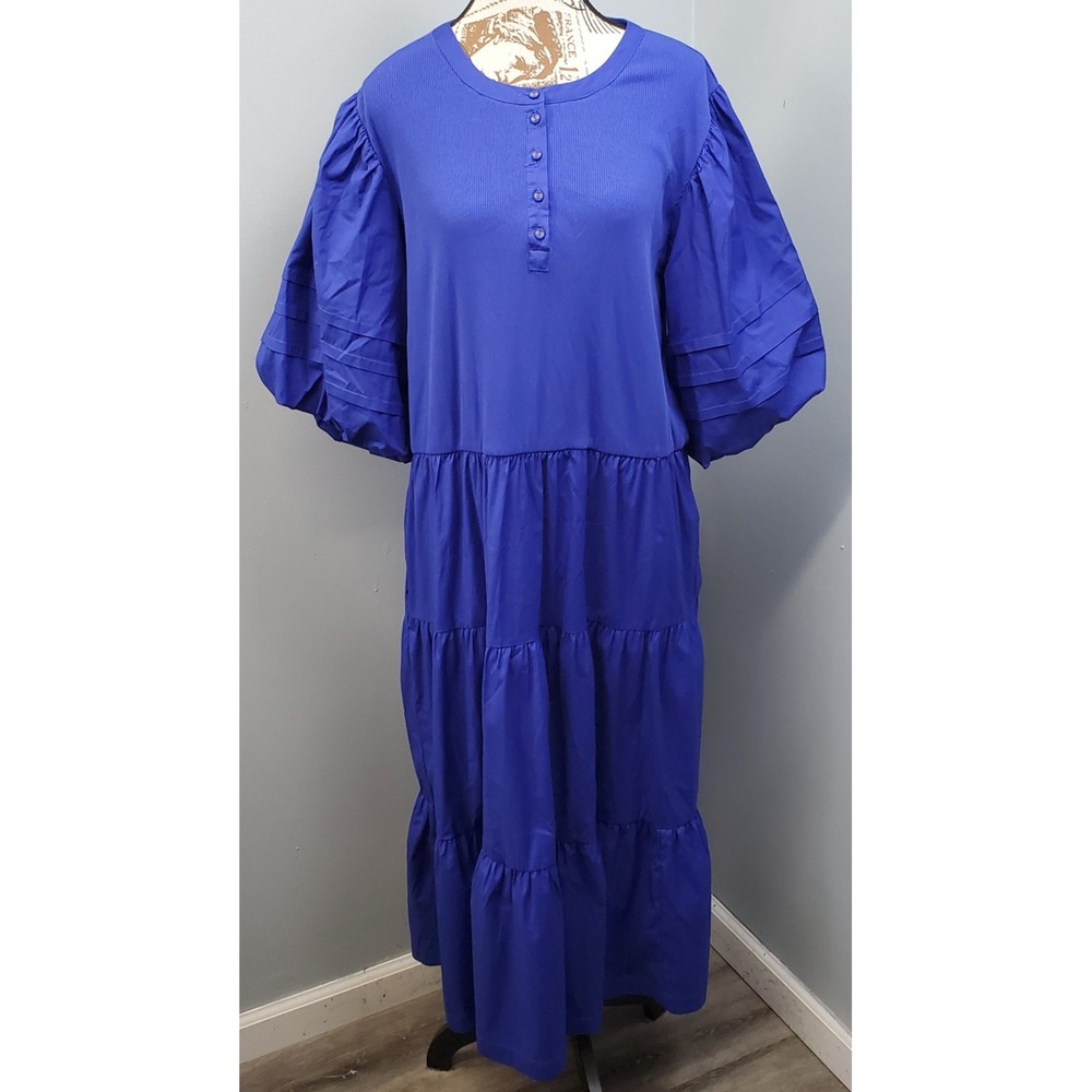 Chico's Tiered Maxi Dress Womens XXL Blue Ribbed Trim Puff Sleeve Button-Placket
